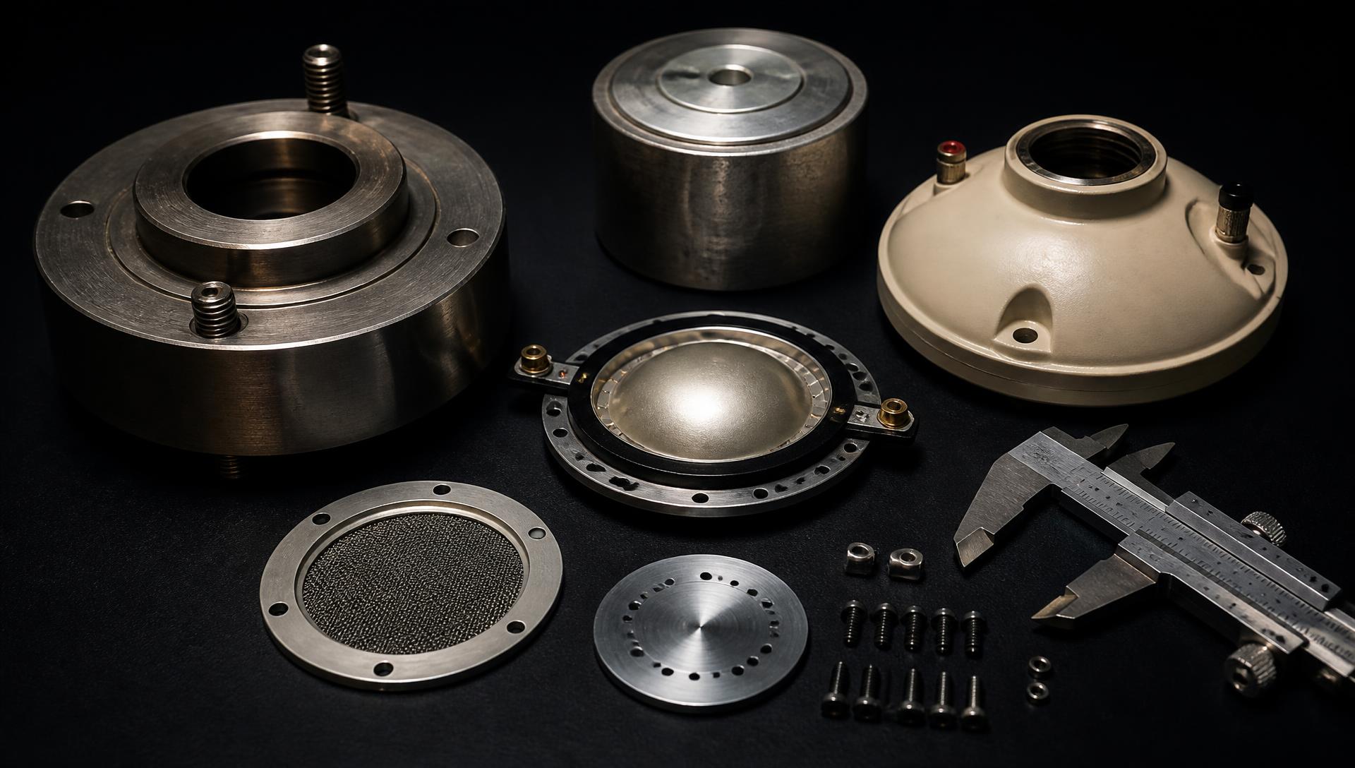Disassembled components of the Celestion MD500 compression driver
